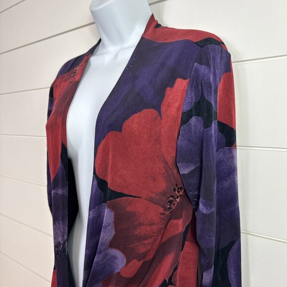 Chico's Travelers Ribbed Tie Front Cardigan Purple Red Floral sz 1 / Medium - Picture 3 of 7